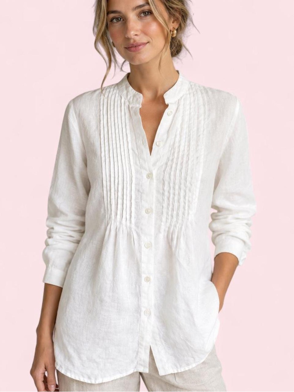 Vintage Chadwicks 100% Linen White Pintuck Blouse Size 10 Mandarin Collar Resort